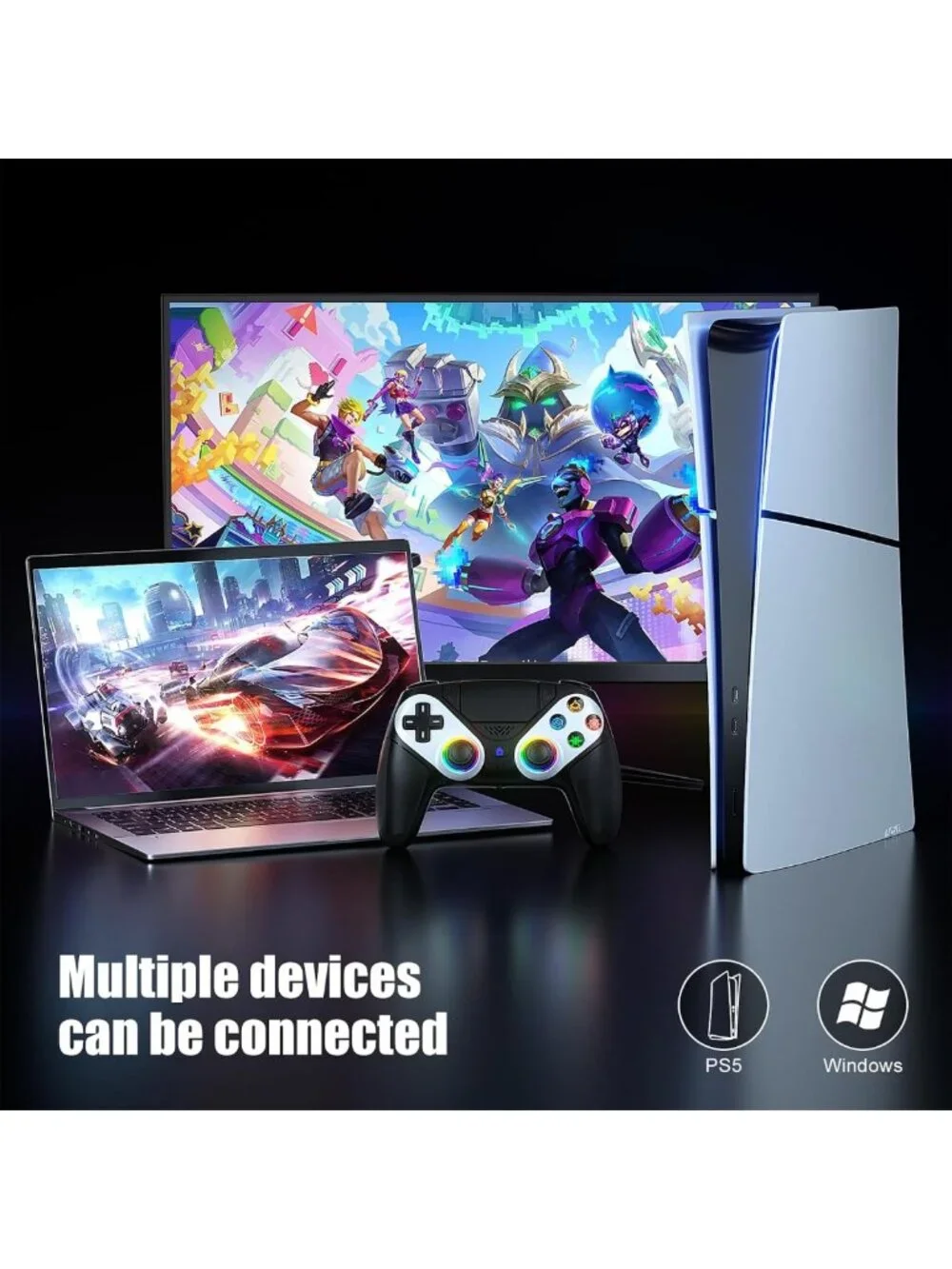 Wireless LED Game Controller for PS5, Pro, Slim & PC - Dual Vibration, Turbo